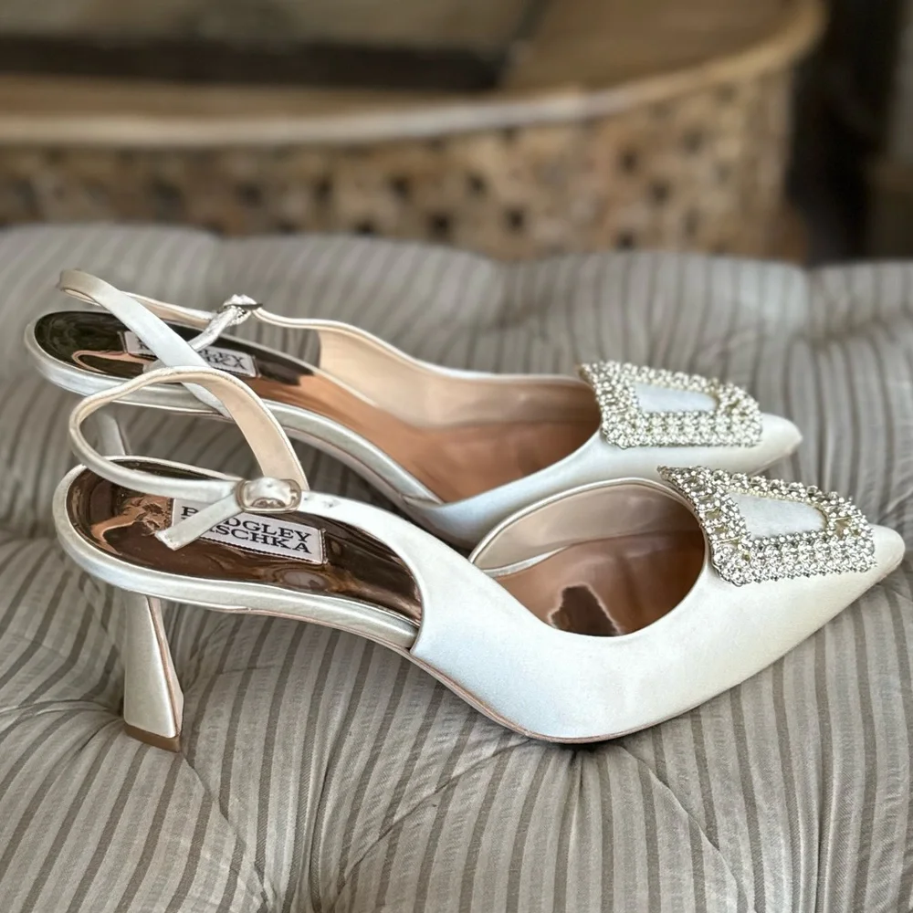 Badgley Mischka Ivory Satin Slingback Pumps with Crystal Buckle - Picture 6 of 12